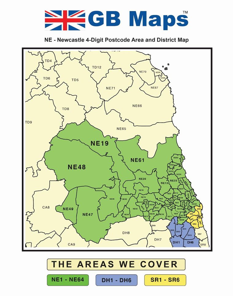 Map of the NE, DH and SR postcode districts covered across Newcastle upon Tyne and the wider North East region