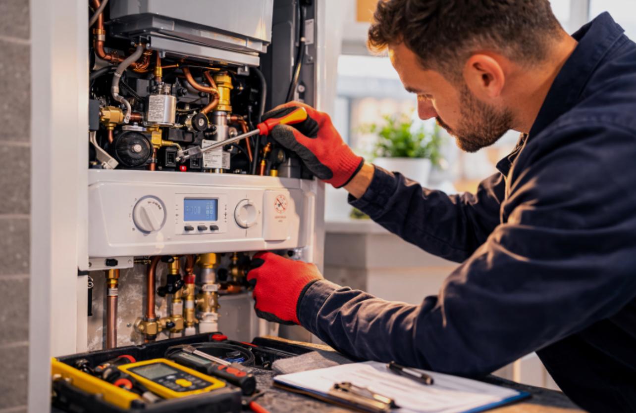 Heat-tecNE engineer working on a boiler and heating system