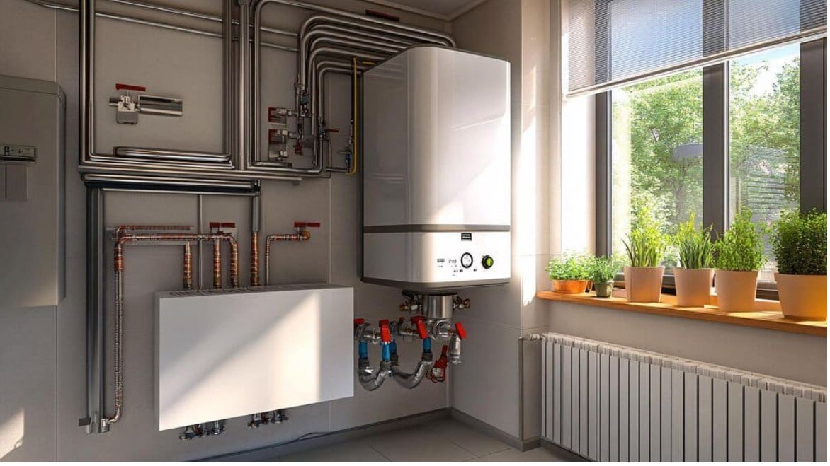 Boiler and radiator installed in a bright home